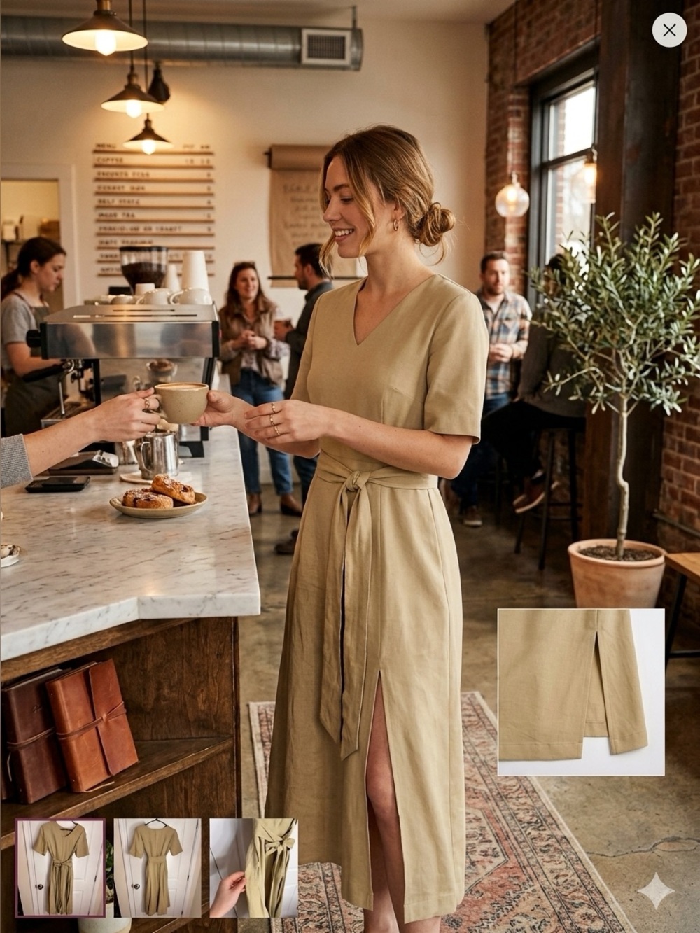 V-Neck Tie-Waist Linen Midi Dress in Khaki